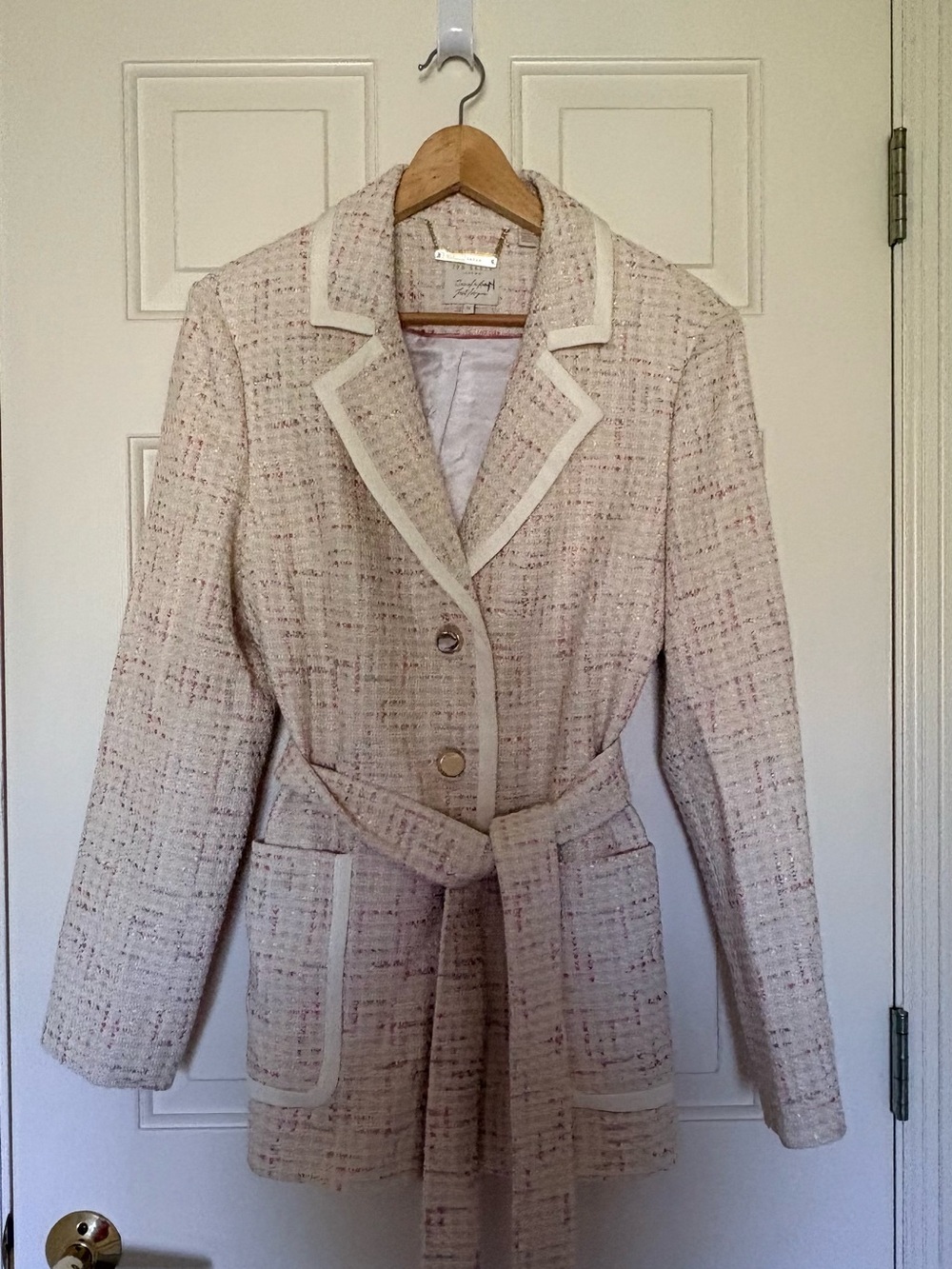 Ted Baker Pink & Cream Tweed Belted Blazer Jacket
